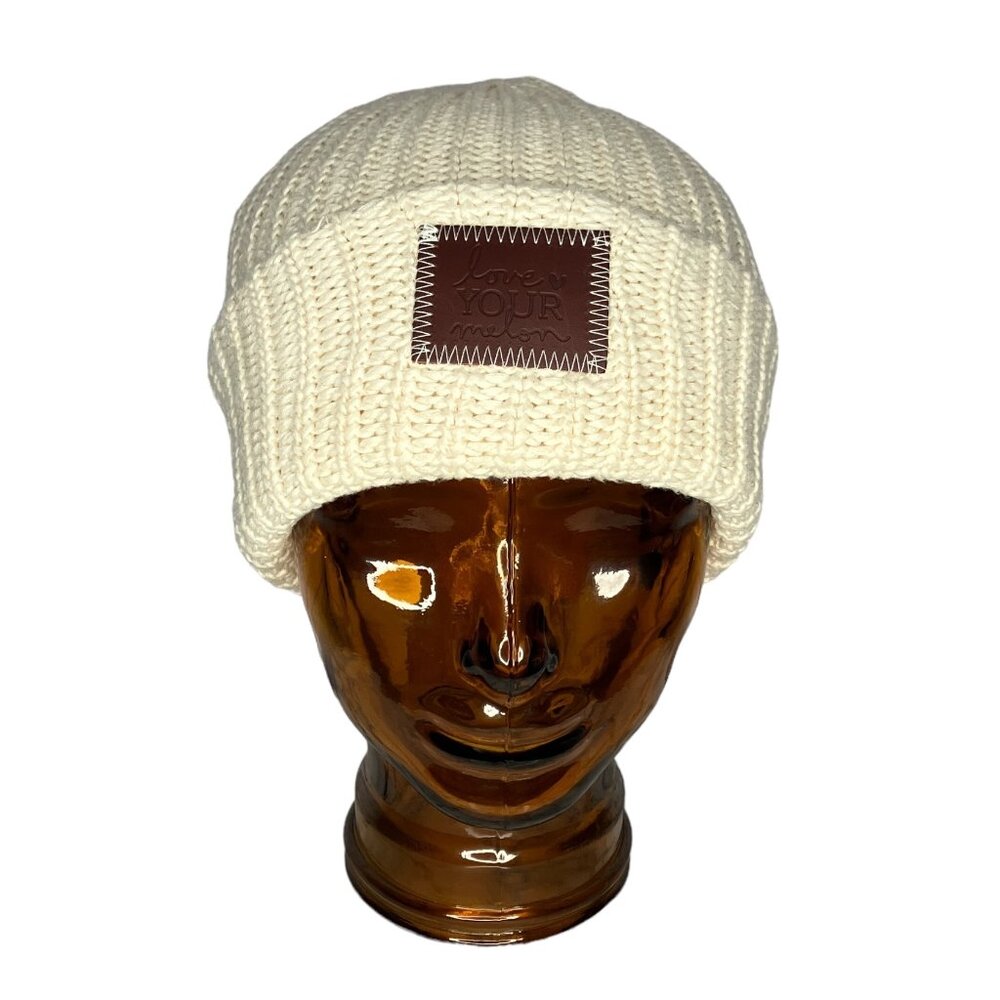 Love Your Melon Adult Unisex Cream Cotton Cuffed Beanie Knit Cozy Winter Hat USA